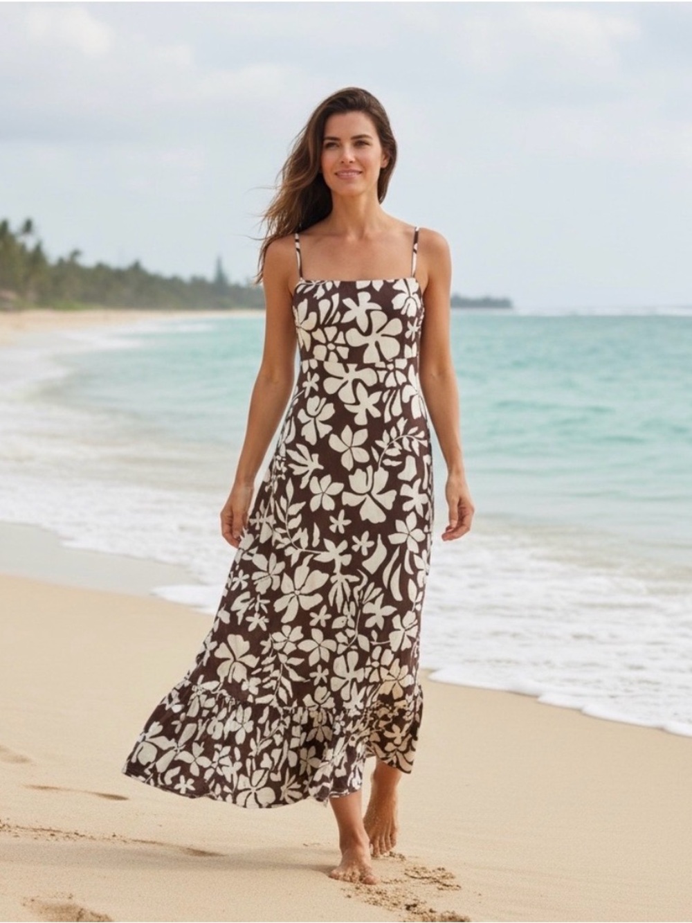 EUC, Paper Heart Brown & White Tropical Floral Print Tiered Maxi Dress Size S.